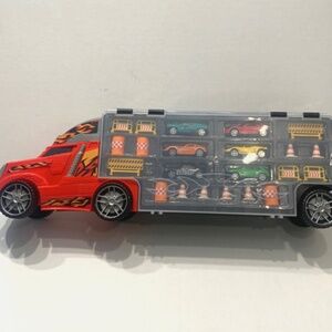 Kids Transport Car Carrier Truck Toy, 6 Die-Cast Vehicles & Road Accessories New